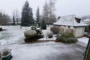 vue gite et herbe de la pampa sous la neige
